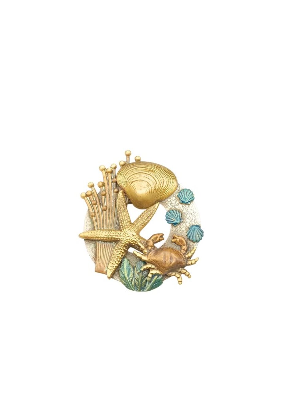 Vintage Coastal-Themed Gold & Enamel Brooch with Starfish Crab and Seashell Clam